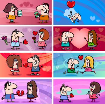 Cartoon Illustration of Greeting Cards Designs with People Characters in Love and Valentines Day Themes Set