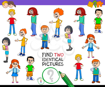 Cartoon Illustration of Finding Two Identical Pictures Educational Game for Kids with Children or Teen Characters