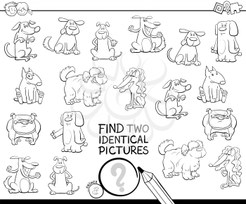 Black and White Cartoon Illustration of Finding Two Identical Pictures Educational Game for Kids with Funny Dog Characters Coloring Book