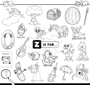 Black and White Cartoon Illustration of Finding Picture Starting with Letter Z Educational Game Workbook for Children Coloring Book