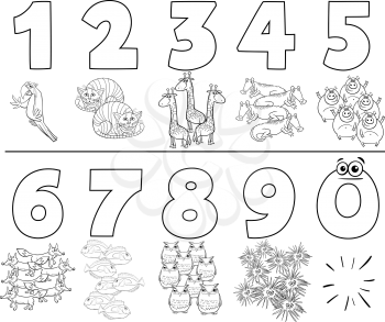 Black and White Cartoon Illustration of Educational Numbers Set from One to Nine with Funny Animals Coloring Book