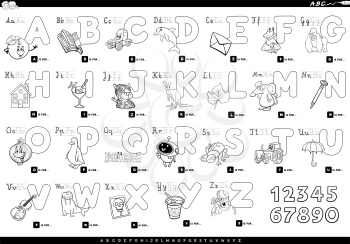 Black and White Cartoon Illustration of Capital Letters Alphabet Set with Funny Characters for Reading and Writing Education for Children Coloring Book