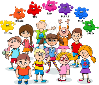 Cartoon Illustration of Basic Colors Educational Worksheet with Happy Children Characters