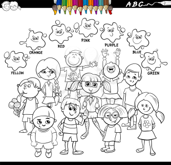 Black and White Cartoon Illustration of Basic Colors Educational Worksheet with Happy Children Characters Coloring Book