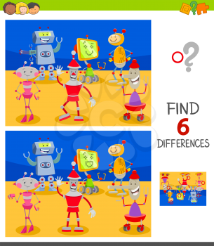 Cartoon Illustration of Finding Six Differences Between Pictures Educational Game for Children with Funny Robots Characters Group