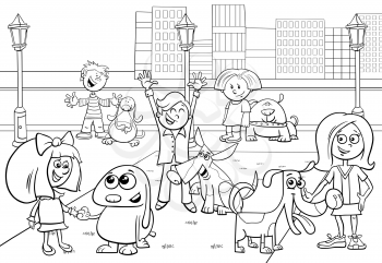 Black and White Cartoon Illustration of Children with Dogs Characters Group in the City Park Color Book