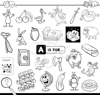 Black and White Cartoon Illustration of Finding Picture Starting with Letter A Educational Game Worksheet for Children Coloring Book