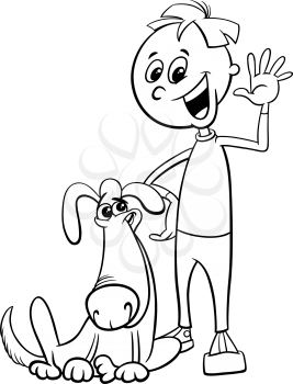 Black and White Cartoon Illustration of Kid or Teen Boy with Funny Dog Coloring Book