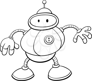 Black and White Cartoon Illustration of Funny Tin Robot Science Fiction Comic Character Coloring Book