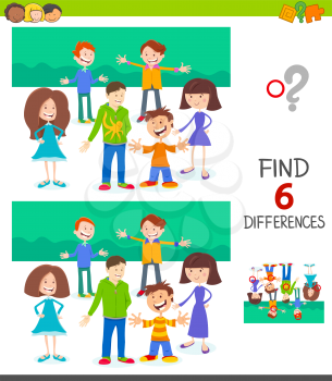 Cartoon Illustration of Finding Six Differences Between Pictures Educational Game for Children with Happy Kid Characters Group