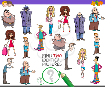 Cartoon Illustration of Finding Two Identical Pictures Educational Game for Children with Comics People Characters