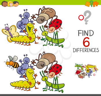 Cartoon Illustration of Spot the Differences Educational Activity Game for Children with Insects Animal Characters Group