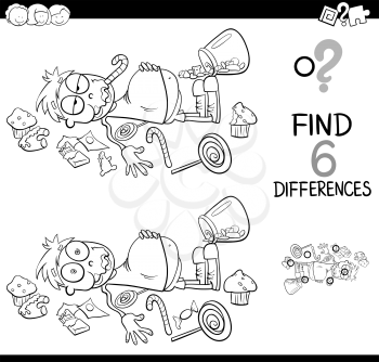 Black and White Cartoon Illustration of Spot the Differences Educational Activity Game for Children with Kid in a Candy Store Coloring Book