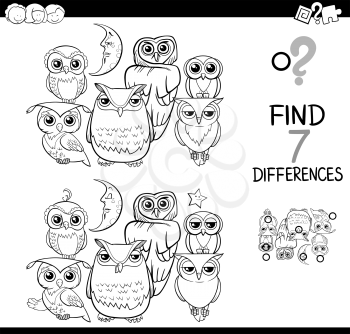 Black and White Cartoon Illustration of Find the Differences Educational Activity Game for Children with Owls Animal Characters Group Coloring Book