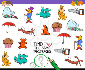 Cartoon Illustration of Finding Two The Same Pictures Educational Activity Game for Preschool Children