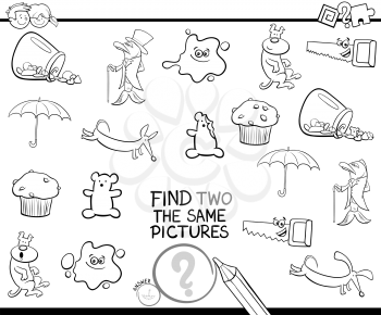 Black and White Cartoon Illustration of Finding Two The Same Pictures Educational Activity Game for Preschool Children Coloring Page