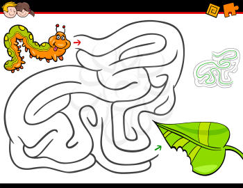 Cartoon Illustration of Education Maze or Labyrinth Activity Game for Children with Caterpillar Insect Character and Leaf