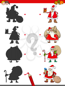 Cartoon Illustration of Matching Shadows Educational Game for Children with Santa Claus Characters