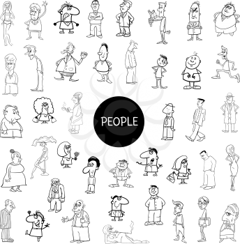 Black and White Cartoon Illustration of Women and Men People Characters Large Set