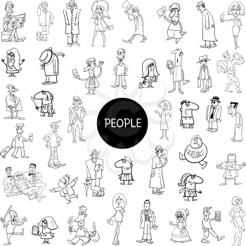 Black and White Cartoon Illustration of Women and Men People Characters Huge Set