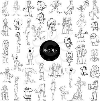 Black and White Cartoon Illustration of Women and Men People Characters Set