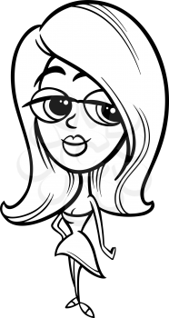 Black and White Cartoon Illustration of Pretty Young Woman or Girl Character