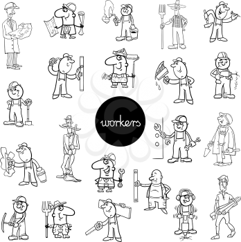 Black and White Cartoon Illustration of Funny Manual Workers at Work Characters Large Set