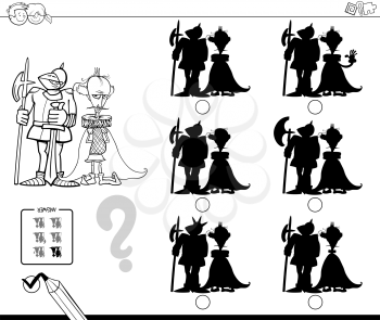 Black and White Cartoon Illustration of Finding the Shadow without Differences Educational Activity for Children with King and Knight Medieval Characters Coloring Book