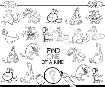 Black and White Cartoon Illustration of Find One of a Kind Picture Educational Activity Game for Children with Dragons Fantasy Animal Characters Coloring Book
