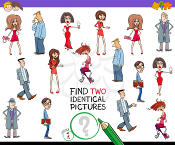 Cartoon Illustration of Finding Two Identical Pictures Educational Game for Kids with Funny People Characters