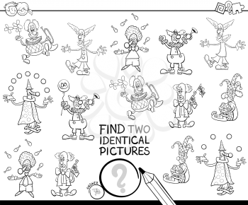 Black and White Cartoon Illustration of Finding Two Identical Pictures Educational Game for Childen with Funny Clown Characters Coloring Book
