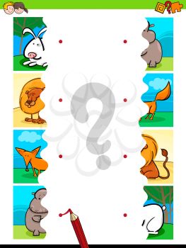 Cartoon Illustration of Educational Pictures Matching Game for Children with Jigsaw Puzzles of Cute Animals