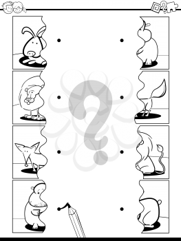 Black and White Cartoon Illustration of Educational Pictures Matching Game for Children with Jigsaw Puzzles of Cute Animals Coloring Page Worksheet