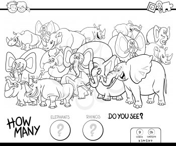 Black and White Cartoon Illustration of Educational Counting Game for Children with Elephants and Rhinos Animal Characters Group Coloring Book