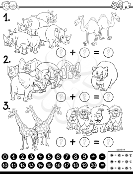 Black and White Cartoon Illustration of Educational Mathematical Addition Puzzle Game for Preschool and Elementary Age Children with Animal Characters Coloring Book