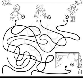 Black and White Cartoon Illustration of Paths or Maze Puzzle Activity Game with Kid Boys and Soccer Coloring Book