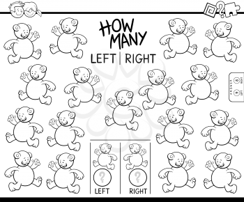 Black and White Cartoon Illustration of Educational Game of Counting Left and Right Picture for Children with Bear Character Coloring Book