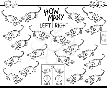 Black and White Cartoon Illustration of Educational Game of Counting Left and Right Picture for Children with Mouse Character Coloring Book