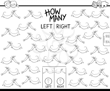 Black and White Cartoon Illustration of Educational Game of Counting Left and Right Pictures for Children with Dachshund Dog Coloring Book
