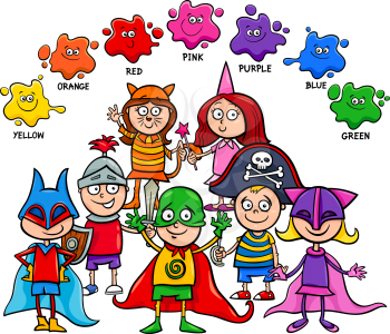 Cartoon Illustration of Primary Basic Colors Educational Activity for Children with Kid Characters at the Mask Ball