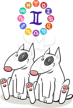Cartoon Illustration of Gemini Zodiac Sign with Funny Dogs