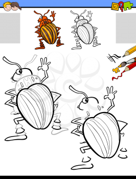 Cartoon Illustration of Drawing and Coloring Educational Activity for Children with Potato Beetle Insect Animal Character