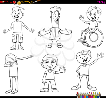 Black and White Cartoon Illustration of Happy Children and Teenager Comic Characters Set Coloring Book