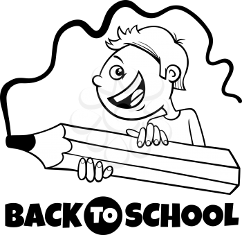 Black and White Cartoon Illustration of Elementary or Kid Boy Character with Big Crayon and Back to School Sign