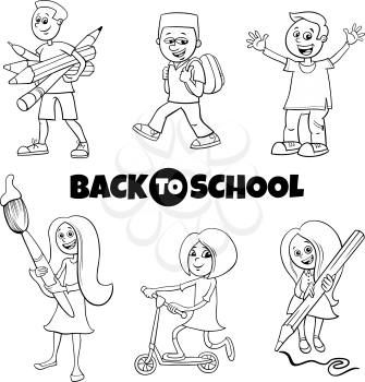 Black and White Cartoon Illustration of Elementary or Teen Age Children Characters Set with Back to School Sign