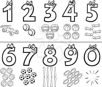 Black and White Cartoon Illustration of Educational Numbers Collection from One to Nine with Sport Objects Coloring Book