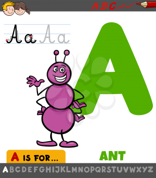 Educational Cartoon Illustration of Letter A from Alphabet with Ant Character for Children 