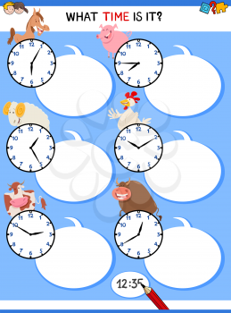 Cartoon Illustrations of Telling Time Educational Activity with Clock Face and Farm Animals for Kids