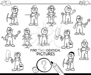 Black and White Cartoon Illustration of Finding Two Identical Pictures Educational Game for Kids with Funny Workers and Builders at Work Coloring Book