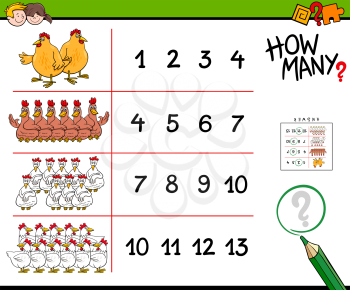 Cartoon Illustration of Educational Counting Activity for Children with Chicken Animal Characters